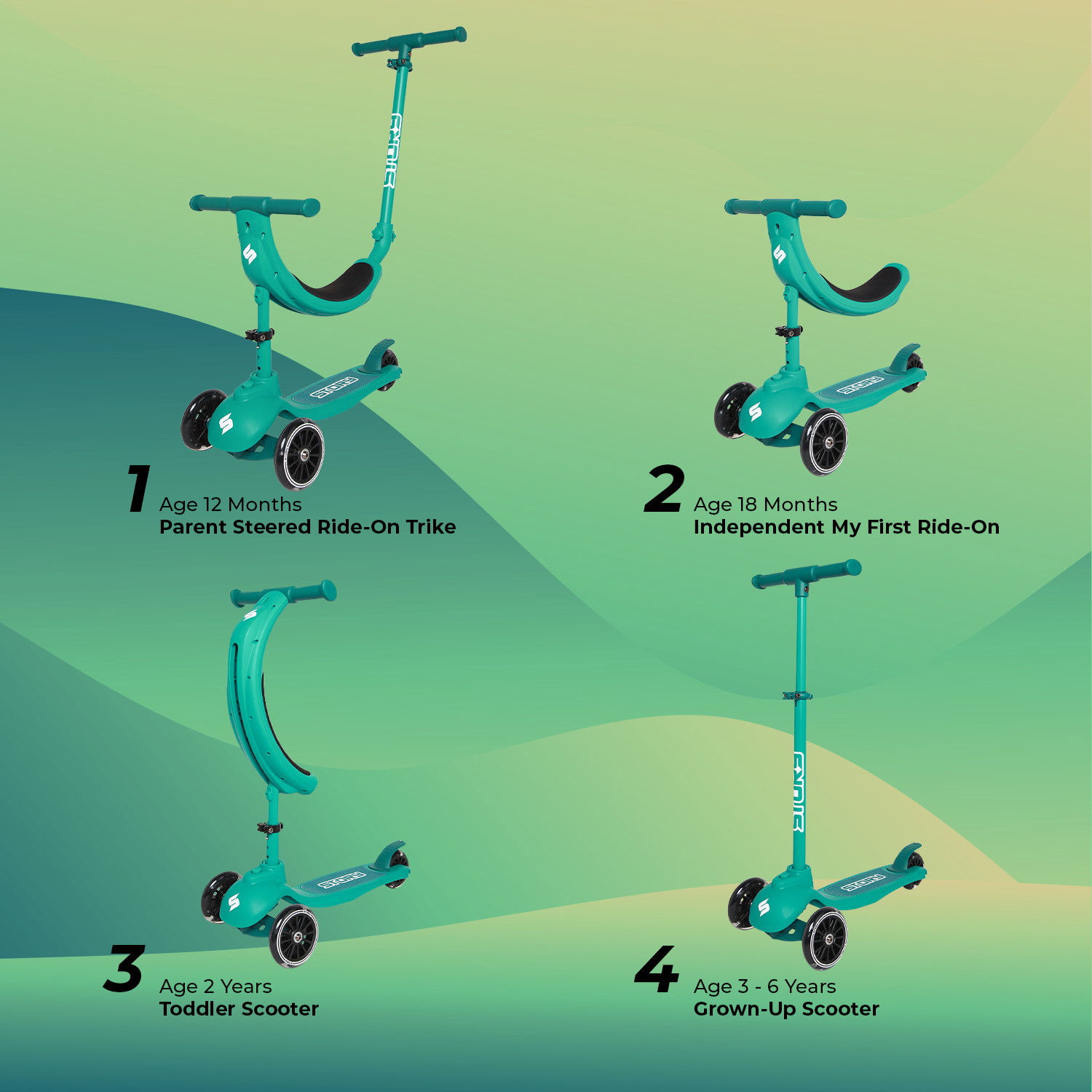 Historia 4EN1 patinete LED para niños de 3 ruedas
