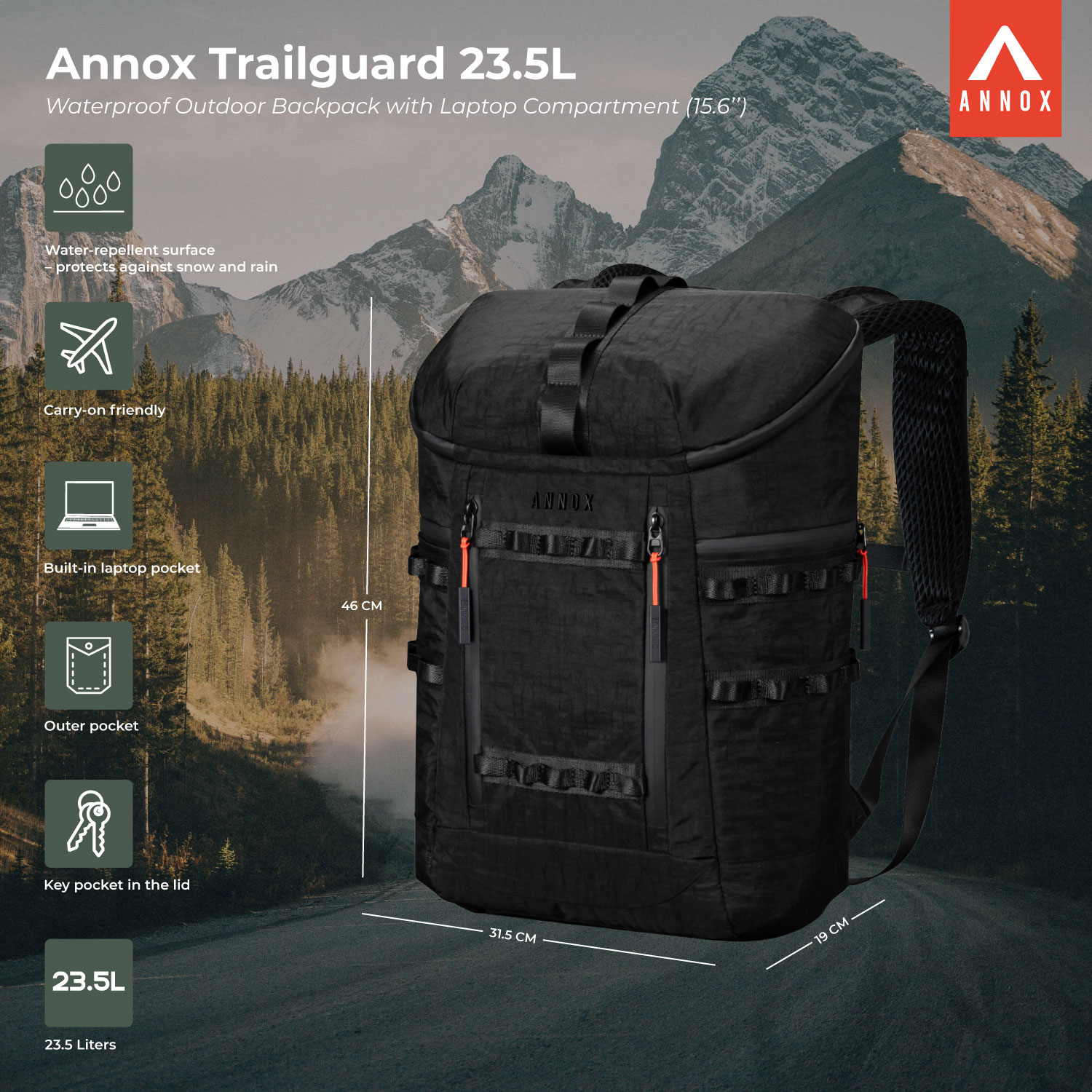 Annox Trailguard 23.5L - Mochila de outdoor impermeable con compartimento para portátil (15.6”)