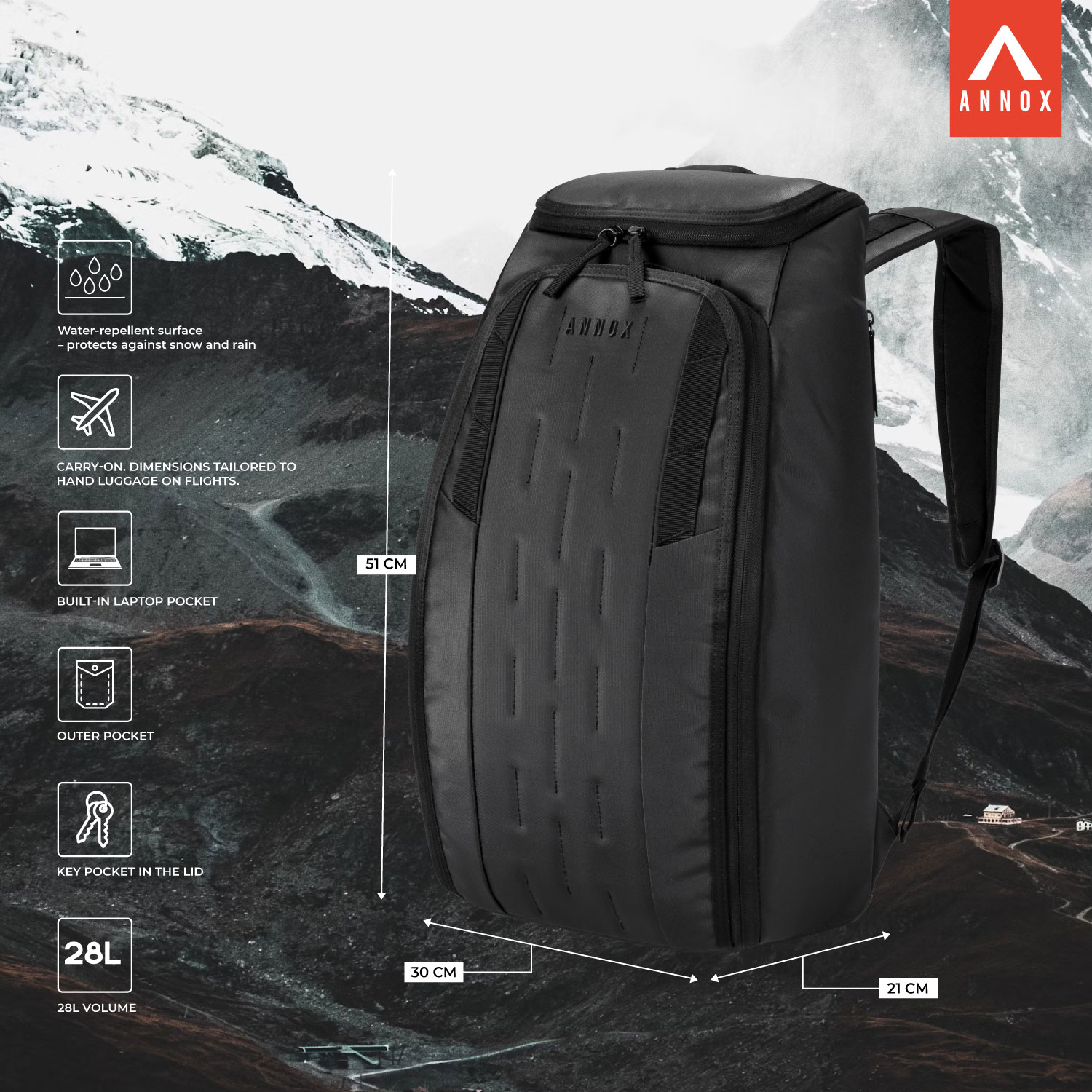 Mochila Annox Vault 28L - A prueba de agua para esquiar, hacer deporte y viajar