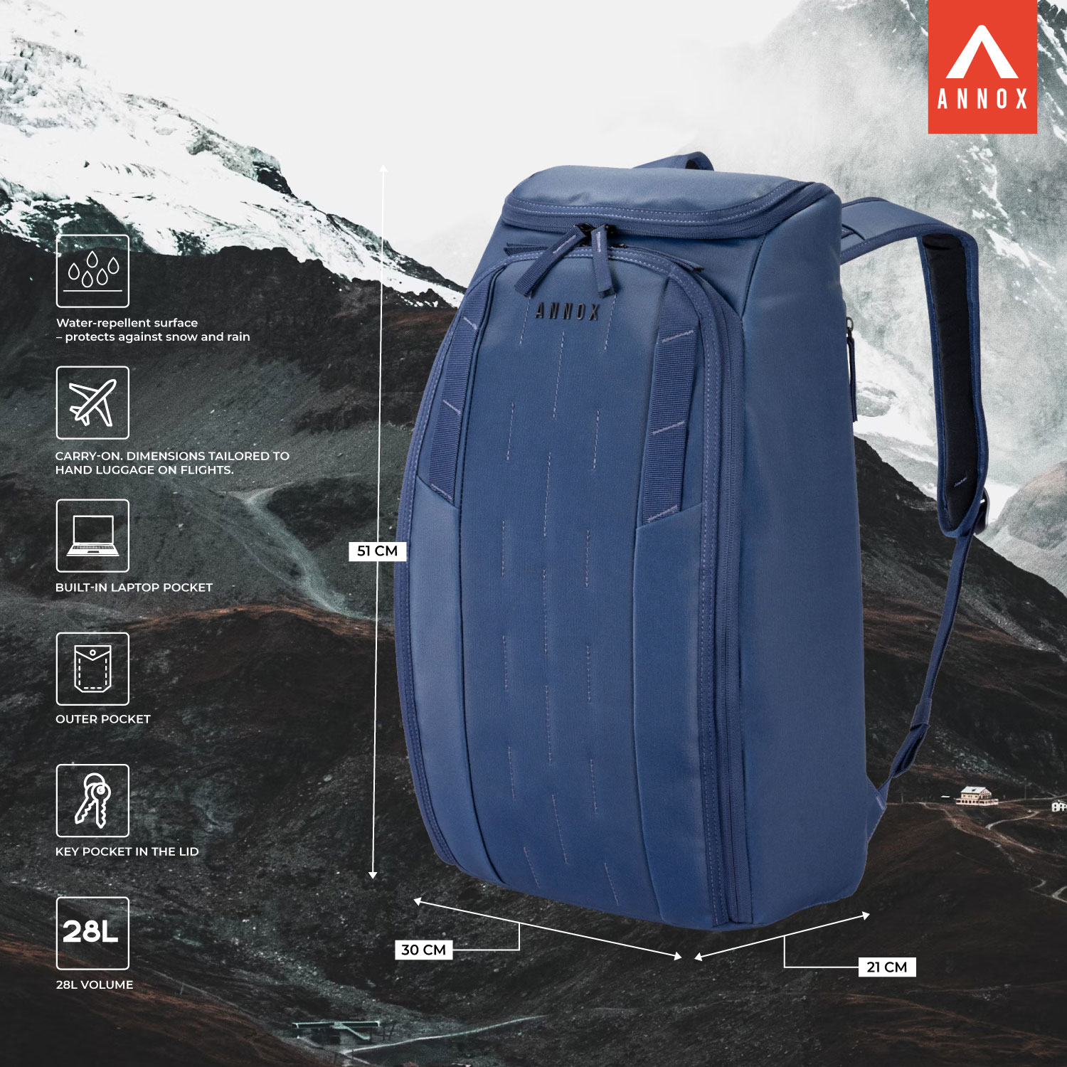 Mochila Annox Vault 28L - A prueba de agua para esquiar, hacer deporte y viajar