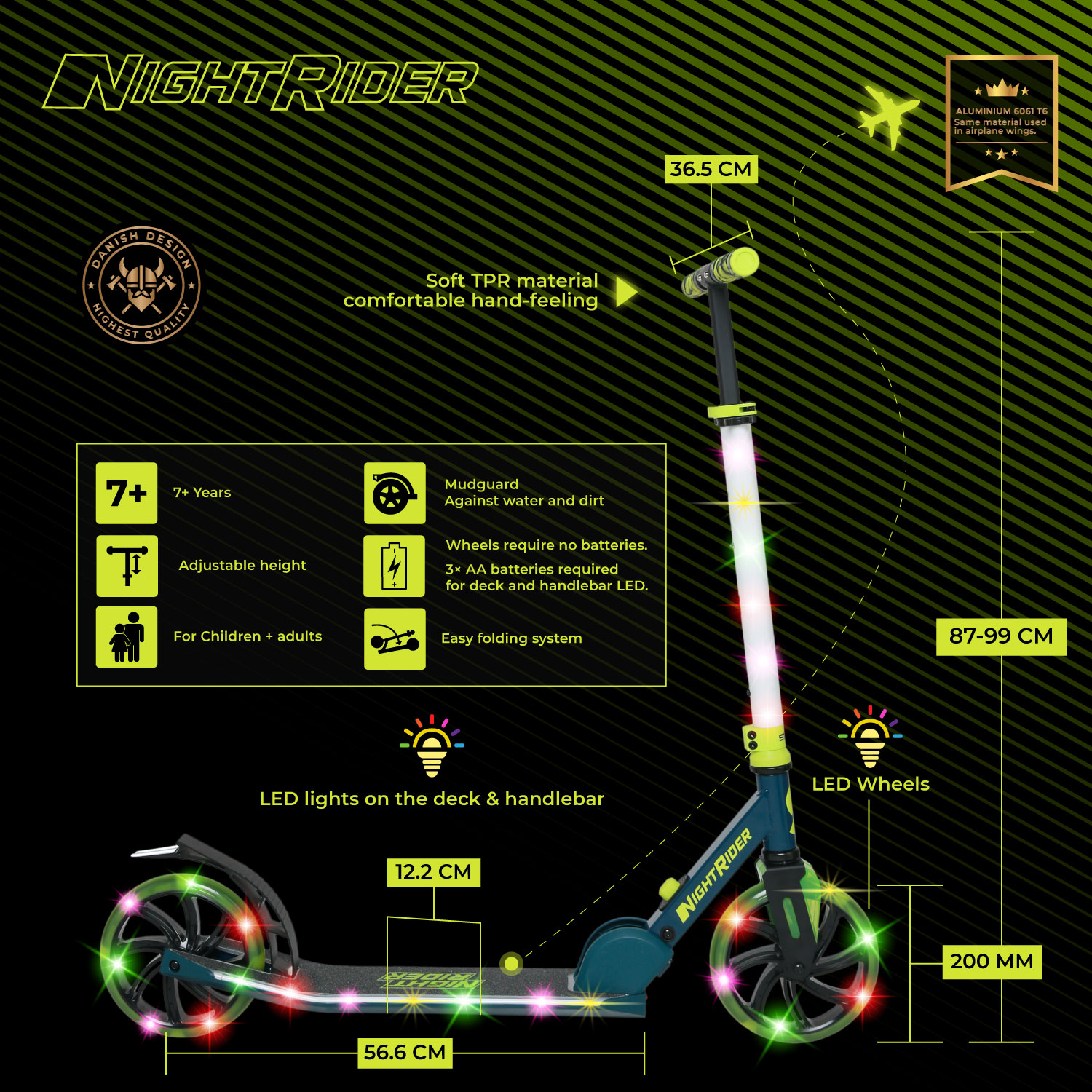 transport scooter, LED scooter, adjustable scooter, foldable scooter, scooter with lights, kick scooter kids adults, night rider scooter